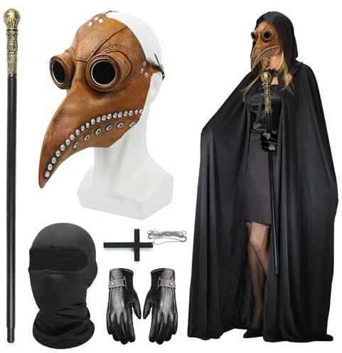 Satar Refes Plague Doctor Costume Adult, Leather Plague Doctor Mask Long Nose Bird Beak Steampunk Masks with Black Gloves, Hooded Cloak, Full Face Covering, Cane for Halloween Costume Cosplay Party