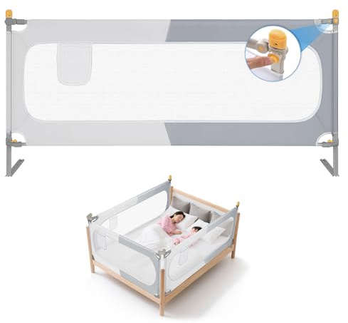 OUUTMEE 180 cm, sängskydd, sängskydd, fallskydd, för barn, 30 fack, justerbar höjd, sänggaller, gråvitt färgblockmönster