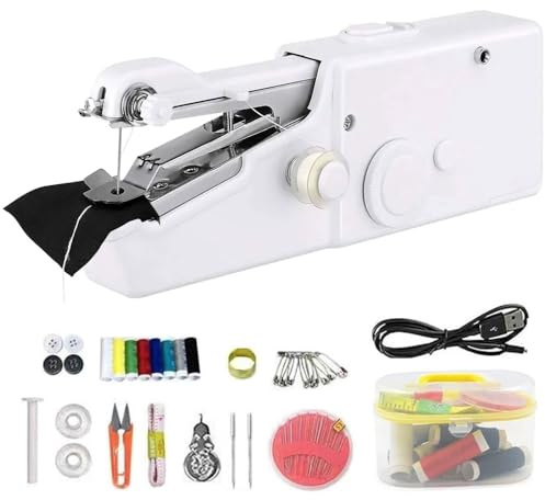 Mini Handnähmaschine Elektrisch, Mini Nähmaschine,Tragbare Elektrische Nähmaschine, HandNähmaschine mit Nähzubehör, Leicht & Einfach für Anfänger, Ideal für Kleidung, Vorhänge, DIY, Reisen (Weiß)