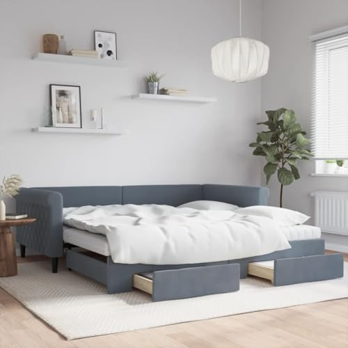 GeenYuu Utdragbar dagsäng, mörkgrå sammet 100 x 200 cm, 2-i-1 bäddsoffa med 2 lådor, robust trämetallram, innehåller 2 komfortskummadrasser