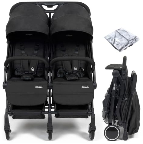 Puggle City Traveller Double Pushchair (Storm Black) | Flexible Double Buggy with Compact One-Hand Fold, Rain Cover & Reclining Seats – Lightweight Stroller from Birth