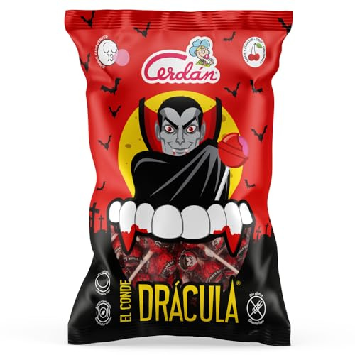 Caramelos Cerdán - Caramelo con Palo El Conde Drácula Sabor Cereza | Bolsa de 200 Unidades | Caramelo Duro Relleno de Chicle Sin Gluten ni Alérgenos | Ideal para Fiestas y Cumpleaños
