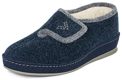 SCHAWOS Donna Ciabatta con Strappo Johanna – Pantofole in feltro con lana e suola antiscivolo, facili da calzare (blu marino, 42)