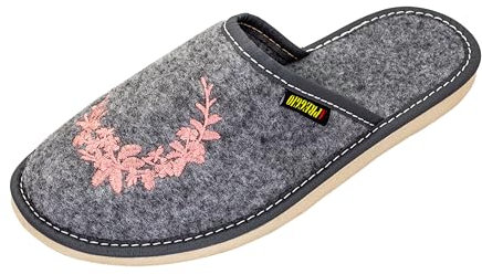 APREGGIO Damen Filz-Hausschuhe – Bequeme Slippers mit Gummisohle, Warme Indoor-Schuhe, Grau & Rosa, Größe 39