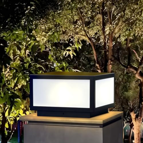 JHOTEC Outdoor Modern Post Light, LED Fence Deck Cap Light High Voltage Wired Lantern Column Lamp for Flat Surface Patio Garden Decoration with IP54 (Hardwiring, 12 X 12 Inch)