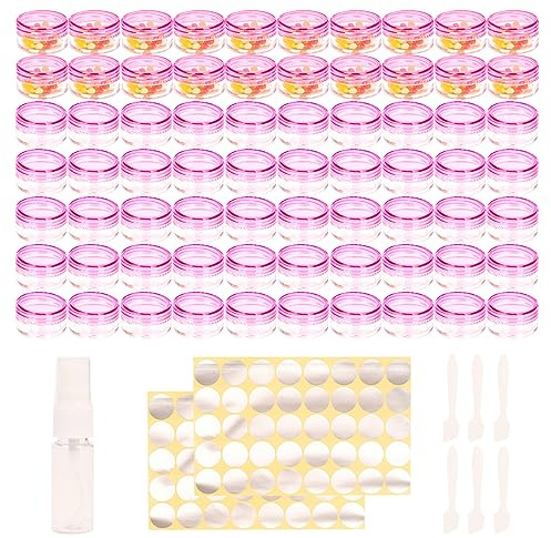 70 Pcs sample pots,5ml with lids cosmetic pot, mini cream empty containers,pink small with makeup lip balm jars,for travel face cream, samples, cosmetics empty plastic pot