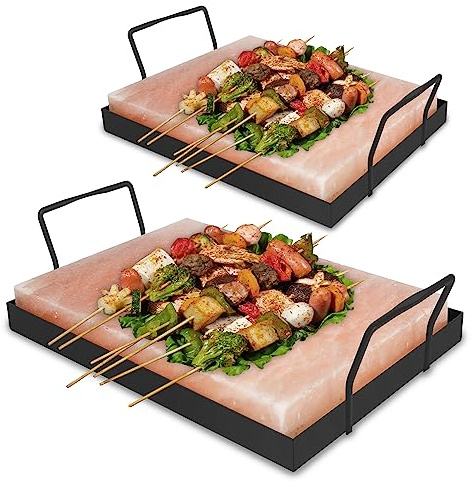 Jopassy Confezione da 2 pietre salate XXL per grigliare, 20 x 30 x 3 cm, con piastra in ferro, pietra salata riutilizzabile, originale sale di cristallo, piastra di sale per barbecue