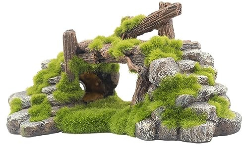 Saim Aquarium Cave Decor, Mossy Hollow Rock Hideout for Betta Fish & Shrimp - Natural Ruins Stone with Hole, Small Fish Hideaway Tank Ornaments