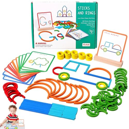Jastown Juguetes Montessori Niños 3 4 5 6 Años, Puzzle Tangram Rompecabezas niños, 120 Piezas Palitos de Colores y Anillos con Tarjetas, Juegos Educativos Interactivos Regalo Niño Niña