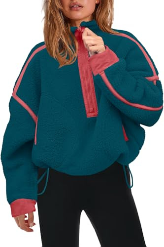 Panadila Pullover i sherpafleece med halv dragkedja för kvinnor, mjuk, överdimensionerad sweatshirt med fickor, varm luddig tröja, Blågrön, M