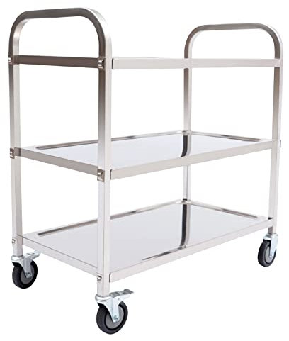 OUBUBY Chariot à couverts en acier inoxydable - 3 étages - Chariot de service à thé - Chariot de cuisine - Chariot de transport - Chariot de nettoyage mobile en acier inoxydable - 4 roulettes
