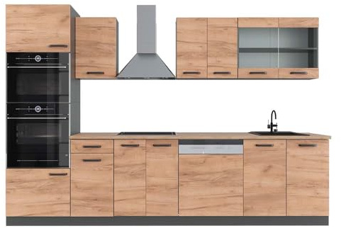 Vicco Küchenzeile R-Line, Goldkraft Eiche, 300 cm mit Hochschrank, AP Eiche, zur individuellen Kombination und Erweiterung geeignet