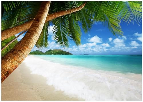 Papier peint photo non tissé à motif de plage, mer, palmiers, bleu des Caraïbes, océan, 350 x 250 cm, avec colle, pour salon, chambre à coucher, couloir - Moderne - Papier peint non tissé - Résistant