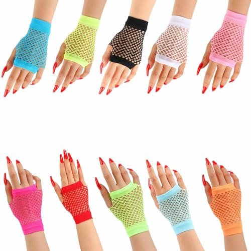 ZEACCT 10 Paar Damen Kurze Stretch Mesh Handschuhe, Retro-Fischnetz-Fingerlose Handschuhe, Kurze Fingerlose Netzhandschuhe, für Kostümabendparty, Halloween, Cosplay-Zubehör