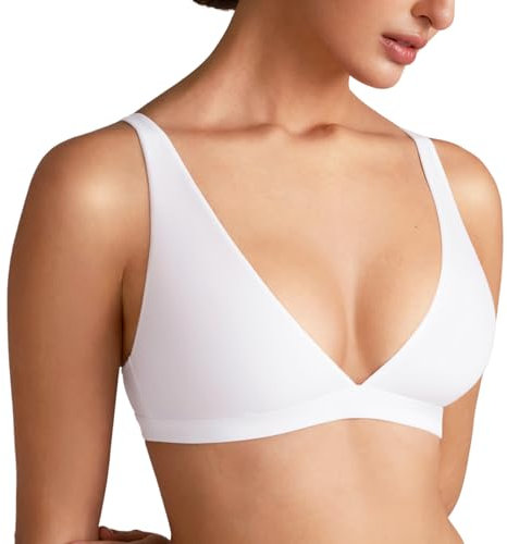 INLYRIC Women's Inbarely Soft Plunge Bralette Unlined Seamless Wireless Triangle Deep V Non Wired Comfort Sleep Bra Snow White L