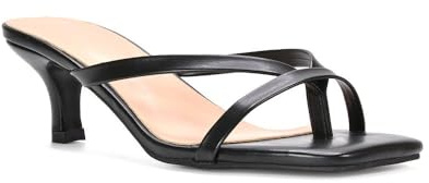 Women's Slip On Kitten Low Heel Sandals Ladies Black Synthetic Leather Open Square Toe Post Strappy Mule Size 5