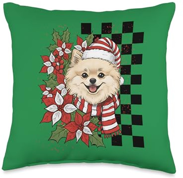 Pomeranian Christmas Pom Santa Checkerboard Throw Pillow
