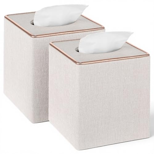 2 Pack Square Linen Tissue Box Covers, Beige Cube Tissue Holder with Magnetic Bottom & Flannel Lining, Decorative Modern Organizer for Home Office Car Vanity