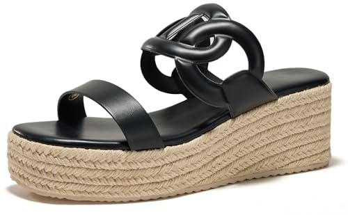 GotSoft Women's Open Toe Wedge Espadrilles Sandals Slip On Slides Platform Sandal Comfortable Summer Shoes, Black, size 8