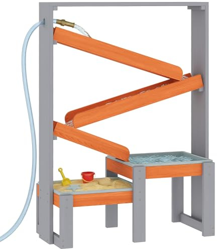 AIYAPLAY Sand Wasserspieltisch, Holz Wassertisch, Matschtisch mit Wasserbahn, 2 Becken Strandtisch Sandkastentisch für 3-8 Jahre Kinder Grau