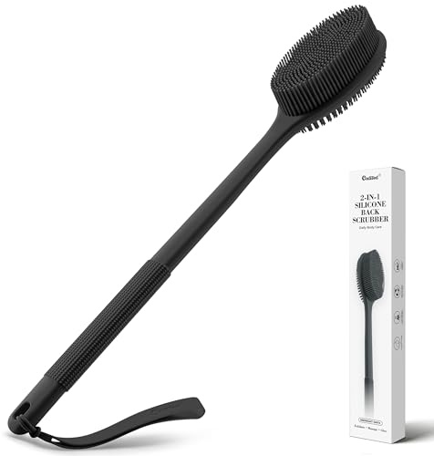 CORATED Brosse Dos Silicone Douche 44.5cm, Brosse de Bain Double Face avec Manche Long Ergonomique, Brosse Corporelle Exfoliante avec Cordon pour Massage et Nettoyage, Noir