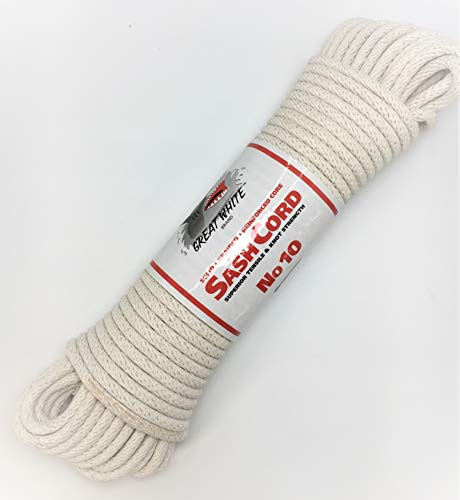 GREAT WHITE Sash Cord #10 x 100' (5/16) Natural Cotton, Tie Down, Camping, Rigging, Crafts, Theater, Window Replacement, Entertainment Grade, Rope, DIY & Home Improvement, Made in USA
