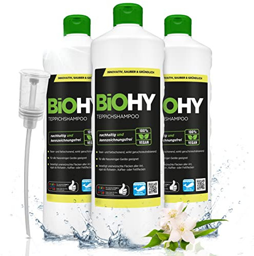 BiOHY Shampoo per tappeti (3 bottiglie da 1l) + Distributore | Concentrato detergente efficace | ideale per rimuovere le macchie ostinate | ben tollerato dagli animali (Teppichshampoo)
