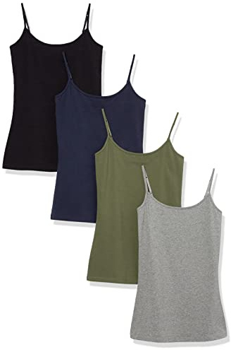 Amazon Essentials Canottiera da Donna Slim Fit, Confezione da 4, Nero/Grigio/Blu Navy/Oliva, M