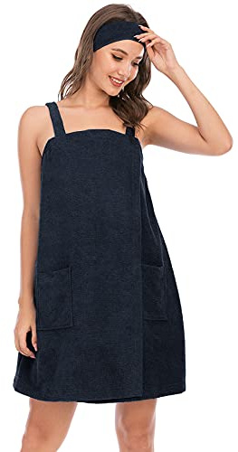 Jamron Womens Adjustable Towel Wraps Bathrobe With Headband for Gym Shower Spa & Beach Cover Ups Black M