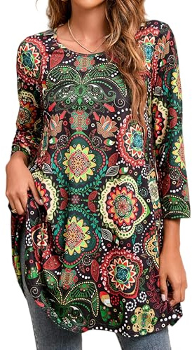 Enmain Tunique Femme Longue Grande Taille Été Chic Et Élégante Tuniques Ample 3/4 Manches avec Imprimé Haut Longue Chemisiers pour Femmes,Multicolore,XXL
