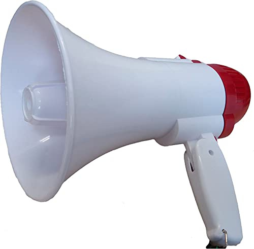 RevolutionLine - Megáfono portátil Profesional con Mango Plegable | Ajuste de Volumen, Sirena y grabadora de Sonido | 4 Pilas LR20 no incluídas | 25 x 15 cm | Potencia 10W | Amarillo, Naranja y Rojo