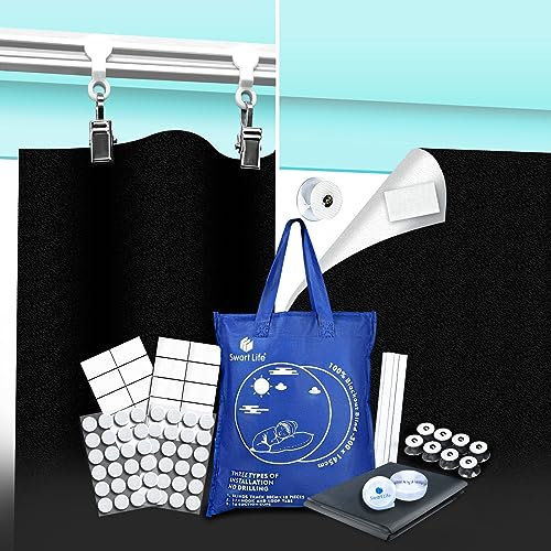 SwartLife Portable Blackout Blind with 3M No Drill Track, 300x145cm Temporary Blackout Blinds Stick On for Windows Fits Any Size Shape, 16x Suction Cups 27X Hook& Loop Tabs