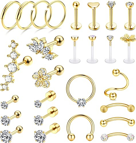 JeryWe 27Pcs 16G Cartilage Earrings Stud Hoop for Women Men Stainless Steel Helix Piercing Tragus Earrings Forward Conch Piercing Jewelry