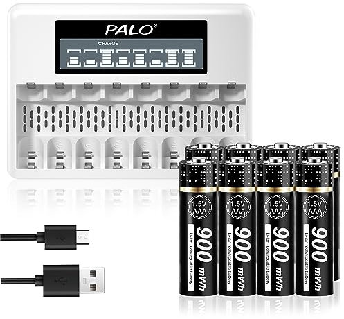 Palogreen LCD Cargador de Pilas Universal con 8*AAA 900mWh Li-Ion Baterías Recargables, 8 Ranuras Independientes Carga Rápida con Tipo C/Micro USB y Protección Múltiple