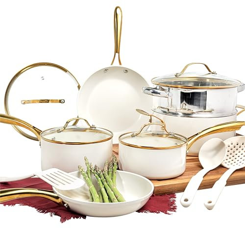 GOTHAM STEEL Ensemble de 15 casseroles et poêles antiadhésives, ensemble de casseroles et poêles, batterie de cuisine, batterie de cuisine en céramique, passe au lave-vaisselle,non toxique,blanc crème