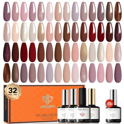 Modelones Smalto Semipermanente Unghie 32 Pezzi, 28 colori Rosa, Bianco, Viola, Blu, Verde, Smalto UV Gel con Base Coat, Top Coat Opaco, il tuo Regalo per Manicure per San Valentino, 7ML
