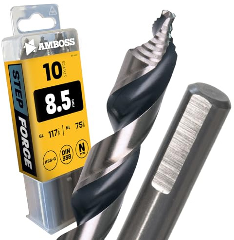 10 x spiralborr Step Force Ø 8,5 mm – HSS-G DIN 338 för stål, konstruktionsstål, aluminium, icke-järnmetaller AMBOSS WERKZEUGE® borrar plåt, profiler – sexkant för borrmaskin, ackuborr, pelarborr