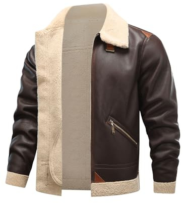 HOOD CREW Men’s Bomber Jacket Winter Coat Stylish Faux Fleece Lined Leather Jackets Coffee XL