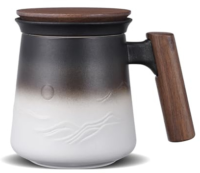 ZENS Tasse à Thé Gaufré Céramique (430ML) tasse a the avec infuseur et couvercle Poignée en bois, Feuilles mobiles tasse avec couvercle & Passoire pour les amateurs de thé Cadeaux