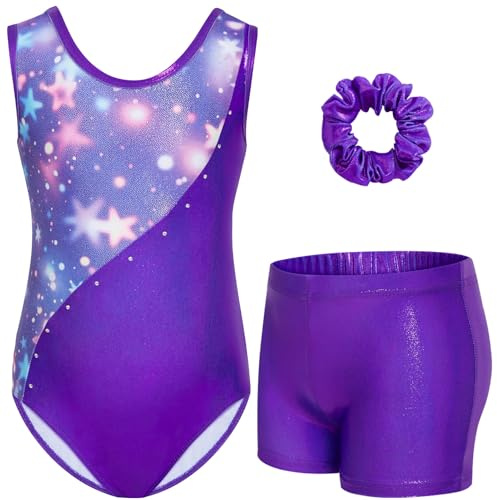 Gogokids Gymnastikset i tre delar med shorts, barn gymnastik ärmlös trikåer med ädelstenar, flickor glittrande gymnastikkläder med färgblock, design, atletiska danskläder för åldrarna 3-12, Djup lila