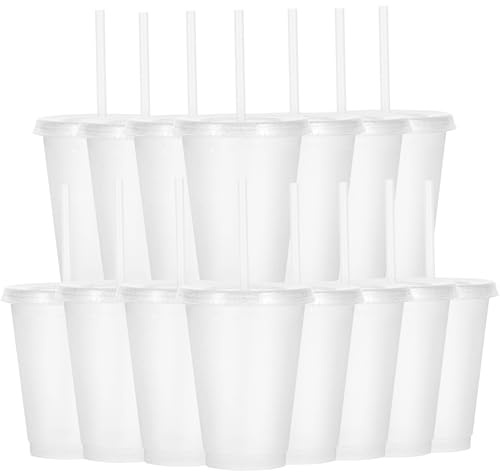 Yisituo Kinderbecher mit Deckel und Strohhalm, 15 Stück Plastikbecher, 486ml Trinkbecher Kinder für Partys, Camping, Travel (15, Transparent)