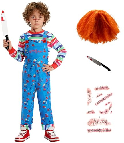 Makoike Costume Chucky pour enfants - Perruque Chucky - Combinaison à rayures - Accessoires de cosplay