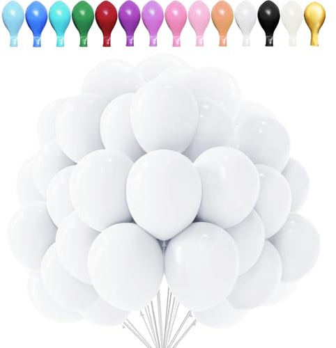 LUKIUP 100 stycken vita ballonger, 25 cm (10 tum) partyballonger, latexballonger, regnbågsballonger för bröllop, karneval, halloween, jul inskolning barns födelsedagskalas dekoration