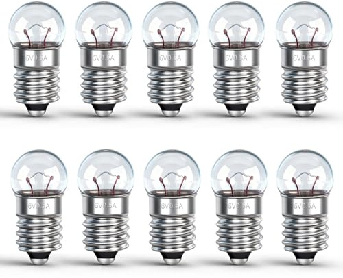 Caldarax 10 Stück Kugellampe E10 DC 6V, 0.5A, Warmweiß 3000K, E10 Glühlampe Glühbirne Miniatur Schraubfuß, Ersatzlampe für Elektrische Experiment, Taschenlampen, Krippenbeleuchtung, Warnleuchte