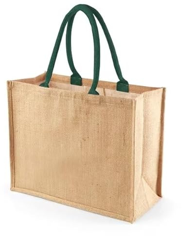 Hyper Mart Classic Large Strong Jute Shopper Bag Natural 100% Hessian with Waterproof Lining (GREEN HANDLES)