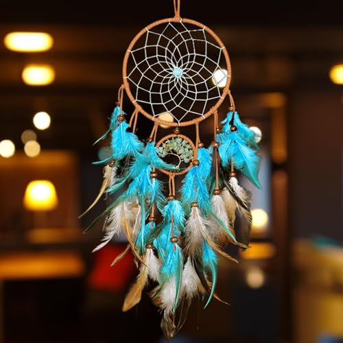 60CM Feather Dreamcatcher, Blue Tree of Life Double Circle Dream Catcher | Blue Traditional Feather Medium Dream Catcher, Bohemian Style Wall Hanging Home Decoration for Home Ornament Craft