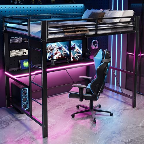 Zepneiy Lit Mezzanine 2 Place en métal avec éclairage LED et Station de Recharge USB, Lit Mezzanine Gaming 140x200 avec Bureau, Noir(sans Matelas)