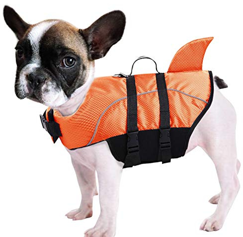 Queenmore Ripstop Dog Life Jacket Shark Life Vest for Dogs, Safety Lifesaver with High Buoyancy and Lift Handle for Small and Medium Breeds(Orange, XS)
