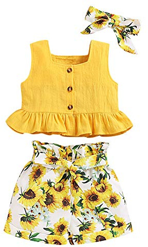 ANUFER 3 Piezas Niña Conjuntos de Ropa Brillante Amarillo Girasol Bebé Trajes Tops de Chaleco + Pantalones Cortos + Venda SC601C002 3-4 Años