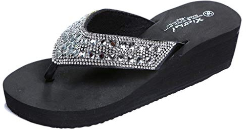 Pantoufles Mode Été Femmes Strass Compensées Tongs Chaussures de Plage Décontractées (39,Noir)